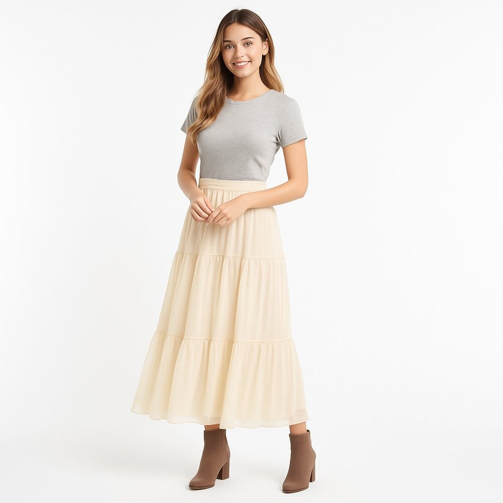 2/$30 ZARA XS Beige Tiered Dainty Midi Skirt Polyester & Elastane